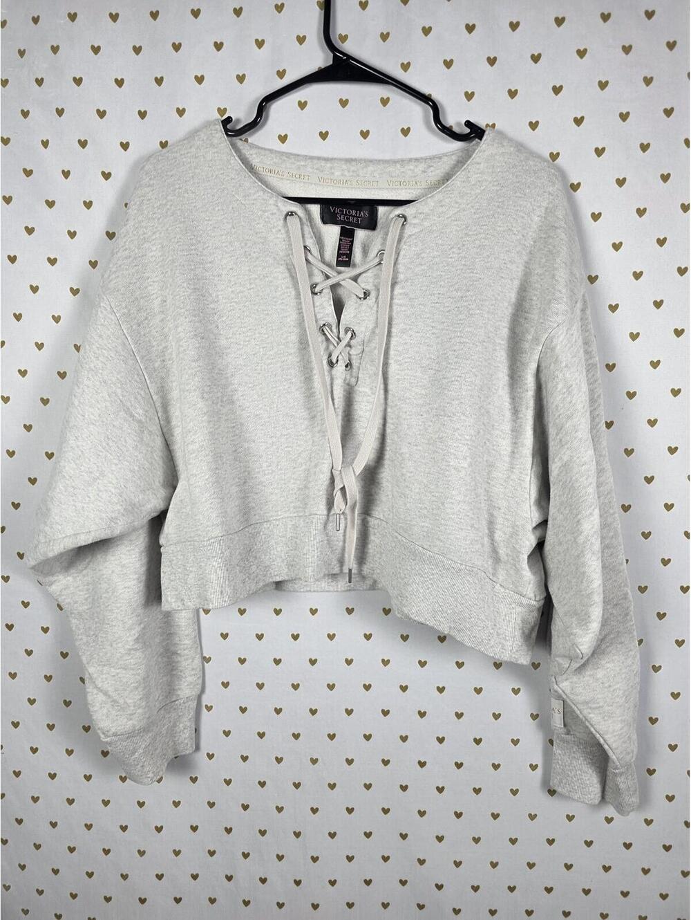 Victorias Secret Cropped Cute Lace front Sweater Shirt grey LARGE